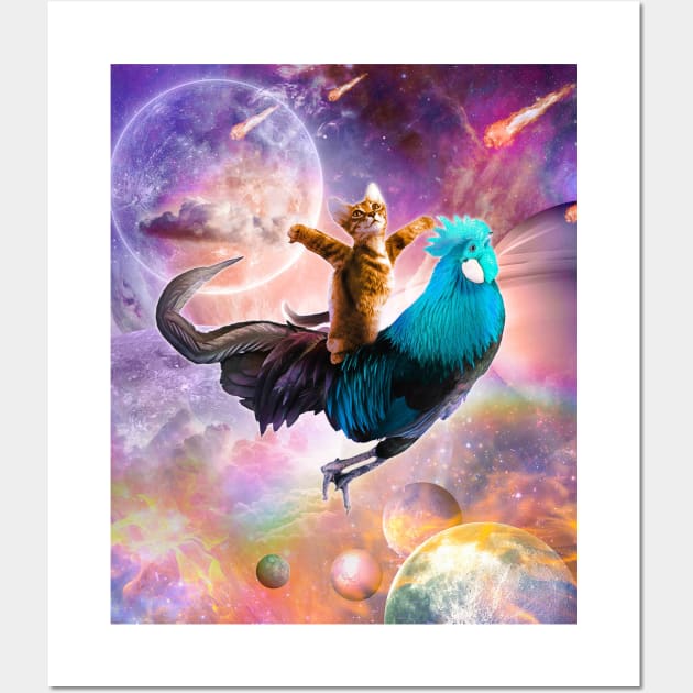 Galaxy Space Cat Riding Chicken - Rainbow Wall Art by Random Galaxy